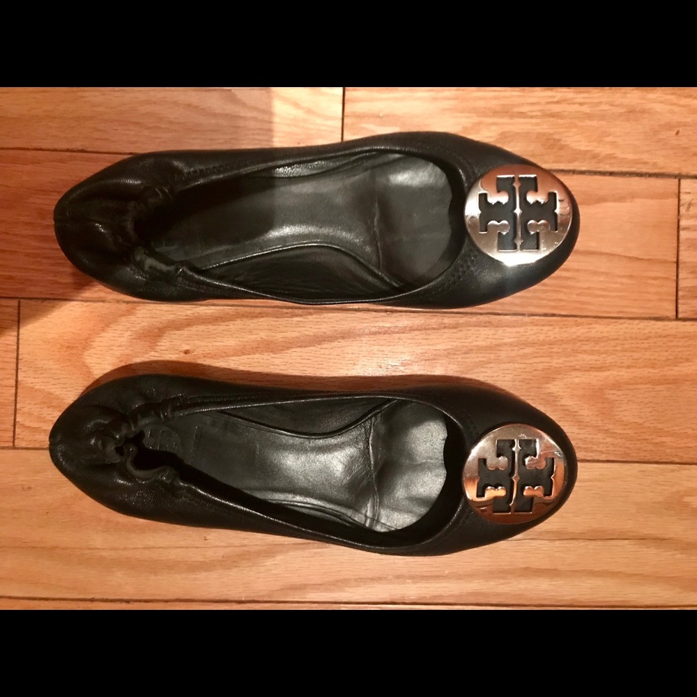 Tory Burch Black/Silver Reva Flats, Size 9